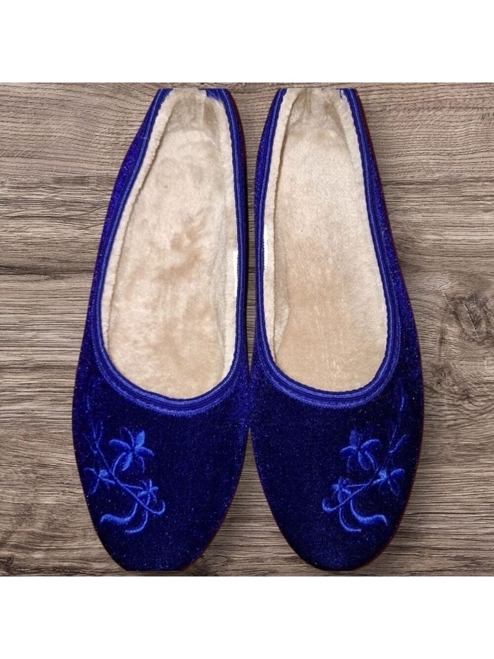 Blue Velvet Embroidered Slippers Large